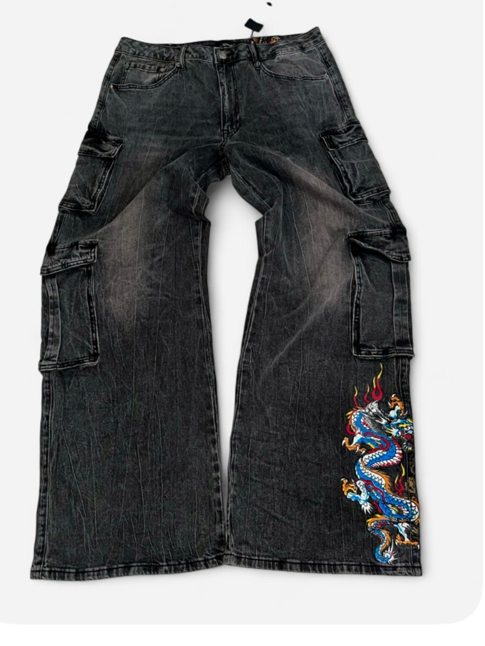 BNWT Ed Hardy Black Wide-Leg Cargo Jeans with Dragon Embroidery